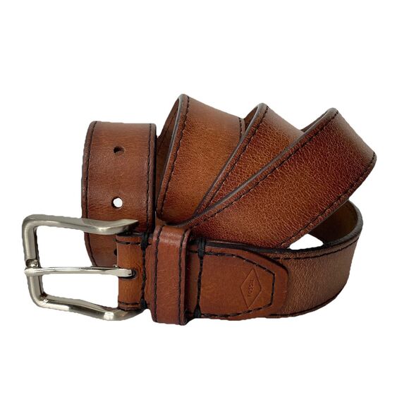 Fossil 'Griffin' Brown Genuine Leather Belt Silver Buckle Mens size 44 - Picture 1 of 9